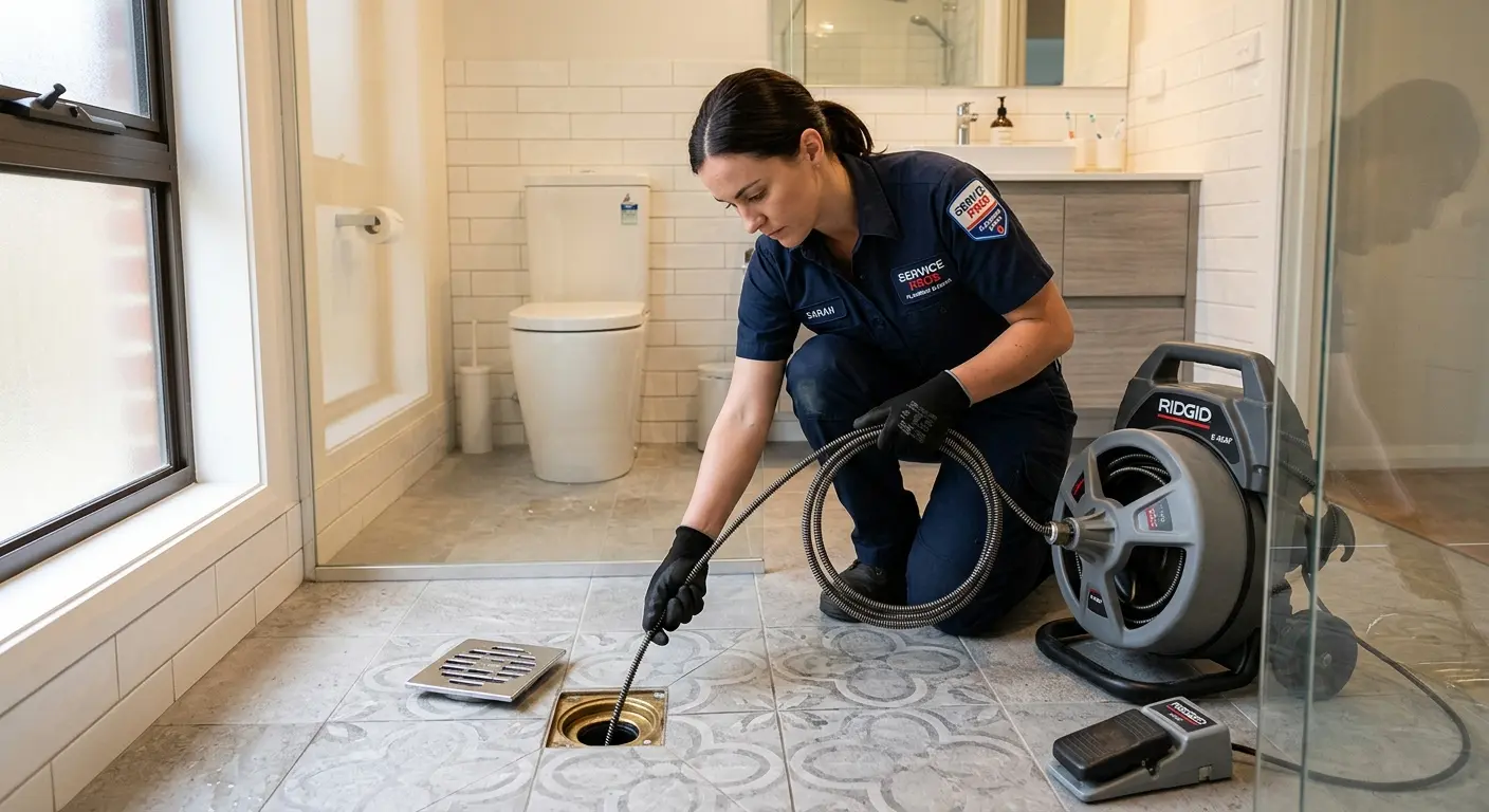 Technician clearing a bathroom floor drain for Drain Cleaning in Locust Grove